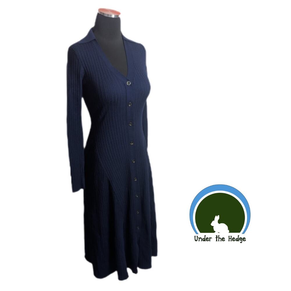 Maison Tara Navy Ribbed Knit Midi Dress | Size Small | Minimalist Fall